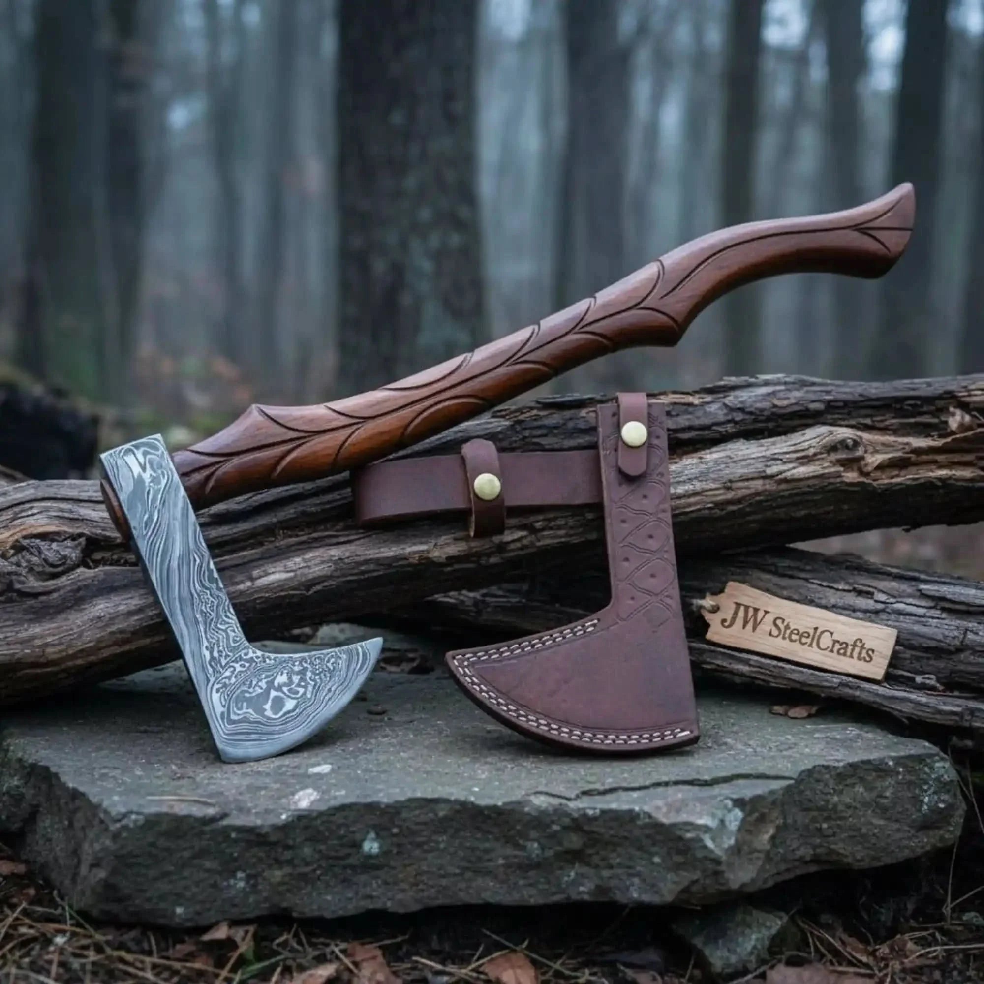 Custom Handmade Damascus steel Viking axe With Pure Leather sheath by JW SteelCrafts, leather knife sheath main product photo