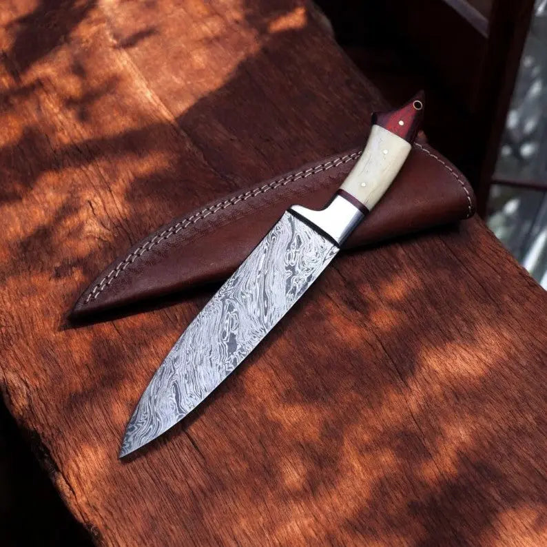 Handmade Damascus Chef Knife – 10" with Bone & Wood Handle by Damascus Knife Store, Damascus knife main product photo