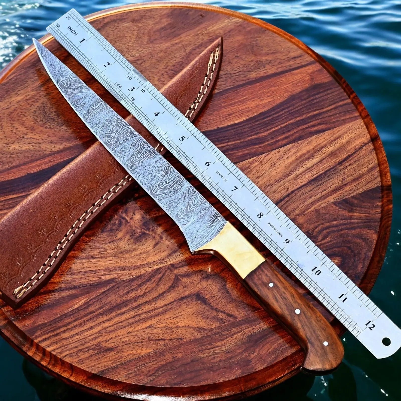 Handmade Damascus Fillet Knife – 12.5" Rosewood Handle by Damascus Knife Store, Damascus knife detail photo 2