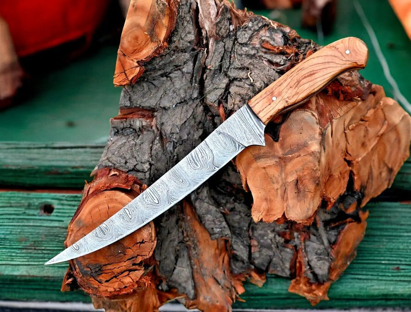 Handmade Damascus Fillet Knife – 12.6" Olivewood Handle by Damascus Knife Store, Damascus knife main product photo