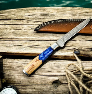 Handmade Damascus Fillet Knife – Epoxy Olive Wood Handle by Damascus Knife Store, Damascus knife detail photo 4