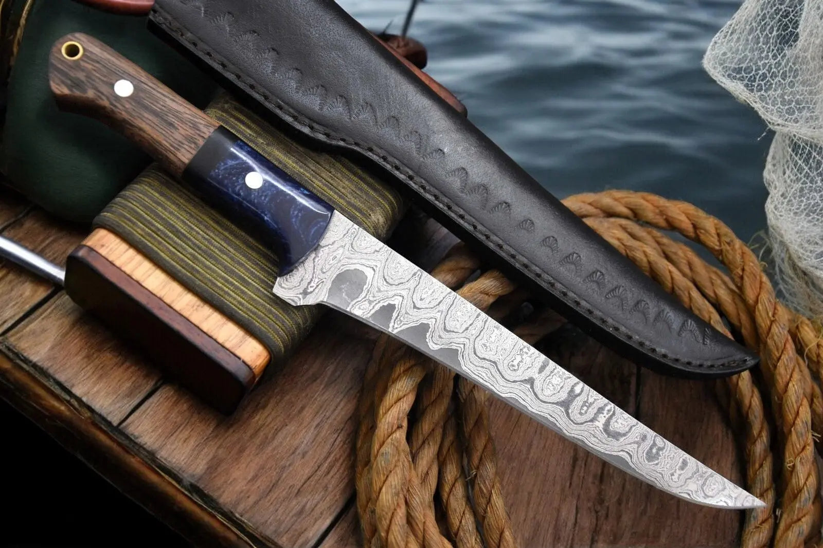 Handmade Damascus Fillet Knife – Olivewood & Resin Handle by Damascus Knife Store, Damascus knife main product photo