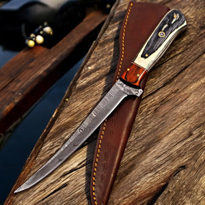 Handmade Damascus Fillet Knife with Antler Horn Handle by Damascus Knife Store, Damascus knife main product photo