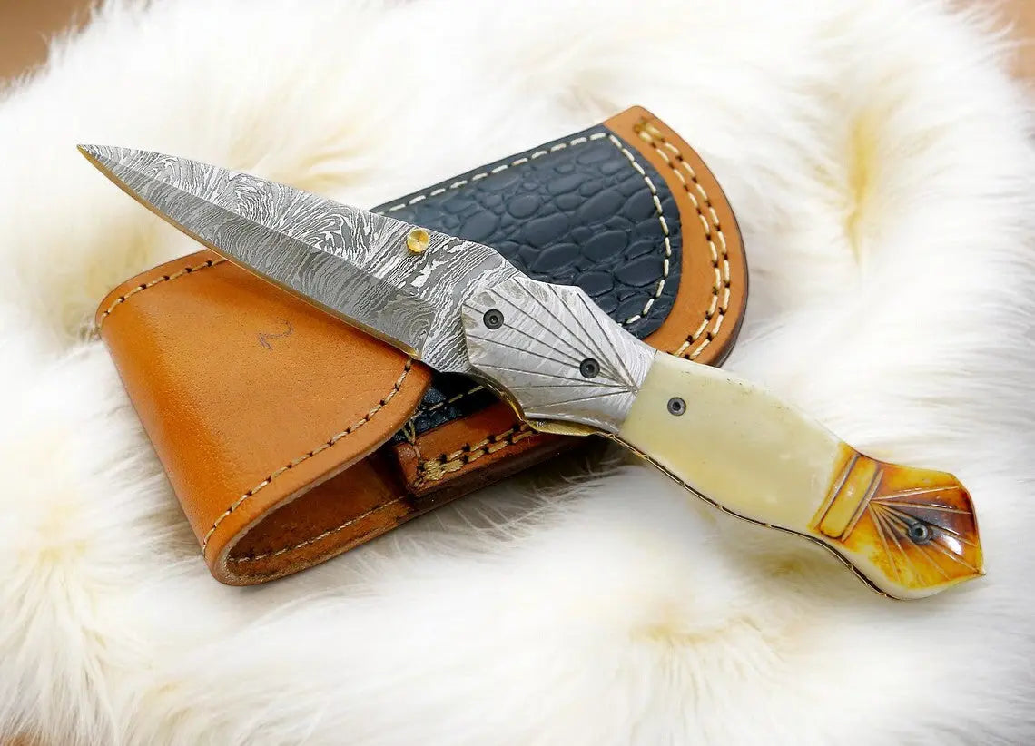Handmade Damascus Folding Knife – Bone Handle, 3" Blade Damascus Knife Store