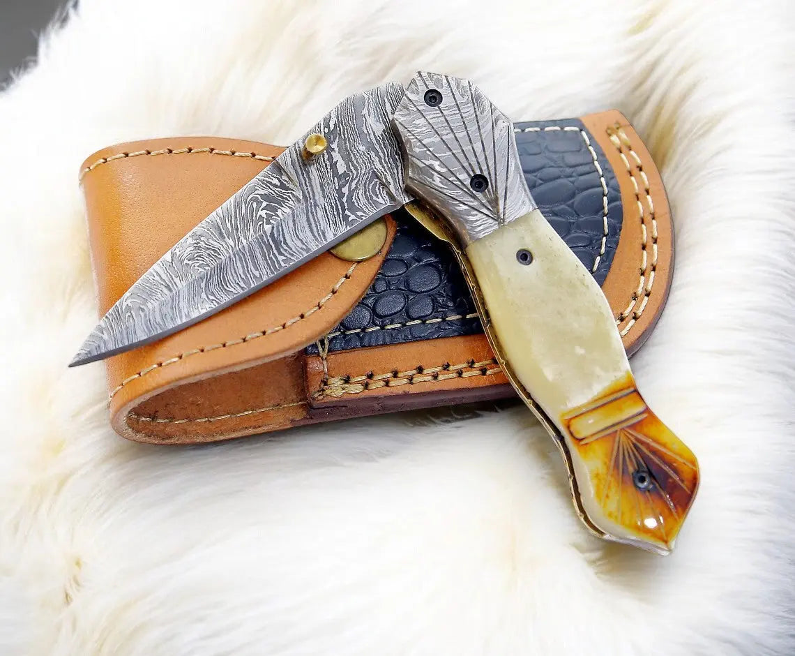 Handmade Damascus Folding Knife – Bone Handle, 3" Blade Damascus Knife Store