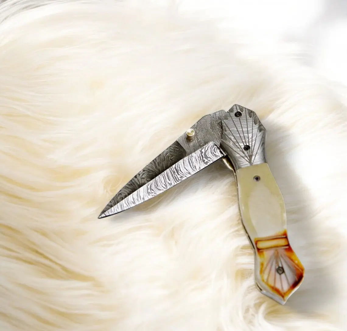 Handmade Damascus Folding Knife – Bone Handle, 3" Blade by Damascus Knife Store, Damascus knife detail photo 3