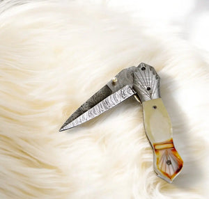 Handmade Damascus Folding Knife – Bone Handle, 3" Blade by Damascus Knife Store, Damascus knife detail photo 3