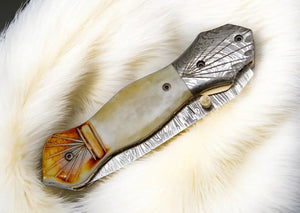Handmade Damascus Folding Knife – Bone Handle, 3" Blade by Damascus Knife Store, Damascus knife detail photo 4