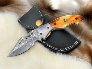 Handmade Damascus Folding Knife – Bone Handle, 3" Blade by Damascus Knife Store, Damascus knife main product photo