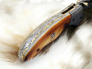 Handmade Damascus Folding Knife – Bone Handle, 3" Blade by Damascus Knife Store, Damascus knife detail photo 2