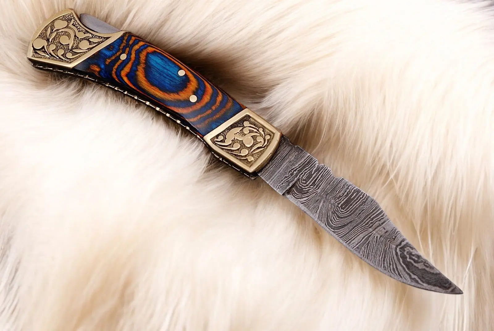 Handmade Damascus Folding Knife – Exotic Wood Handle by Damascus Knife Store, Damascus knife detail photo 4