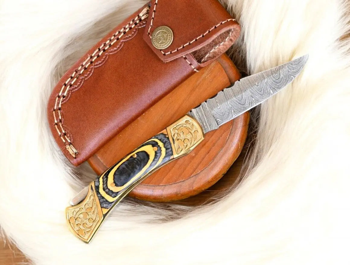 Handmade Damascus Folding Knife – Exotic Wood Handle Damascus Knife Store