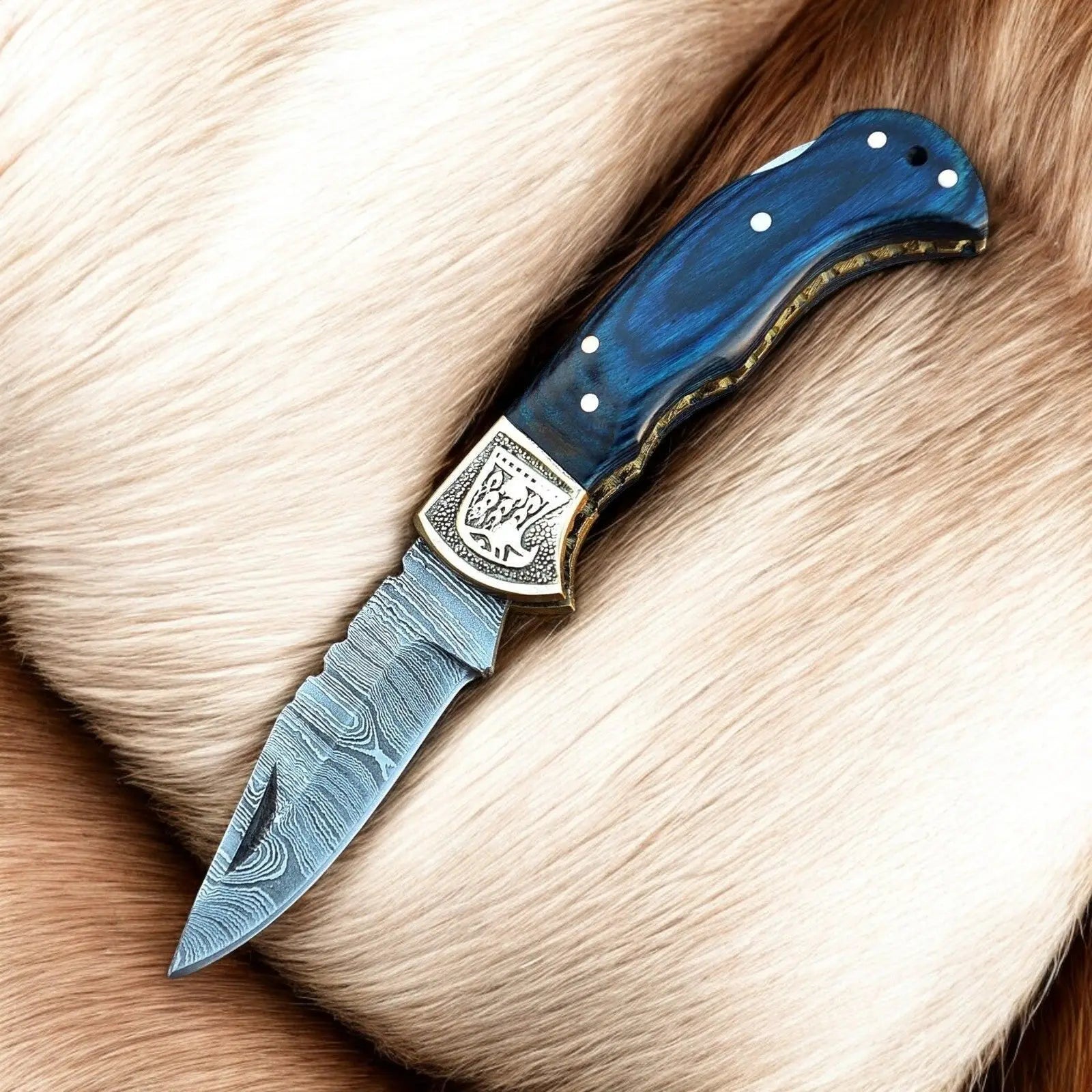 Handmade Damascus Folding Knife – Exotic Wood & Brass by Damascus Knife Store, Damascus knife main product photo