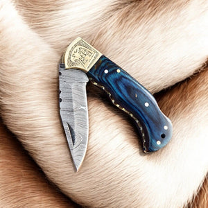 Handmade Damascus Folding Knife – Exotic Wood & Brass by Damascus Knife Store, Damascus knife detail photo 3