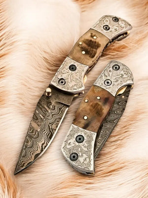 Handmade Damascus Folding Knife – Sheep Horn Handle by Damascus Knife Store, Damascus knife main product photo