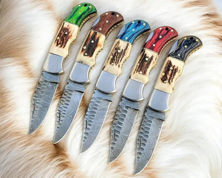 Handmade Damascus Folding Knife | Stag & Exotic Wood by Damascus Knife Store, Damascus knife detail photo 2