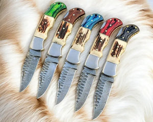 Handmade Damascus Folding Knife | Stag & Exotic Wood by Damascus Knife Store, Damascus knife detail photo 2