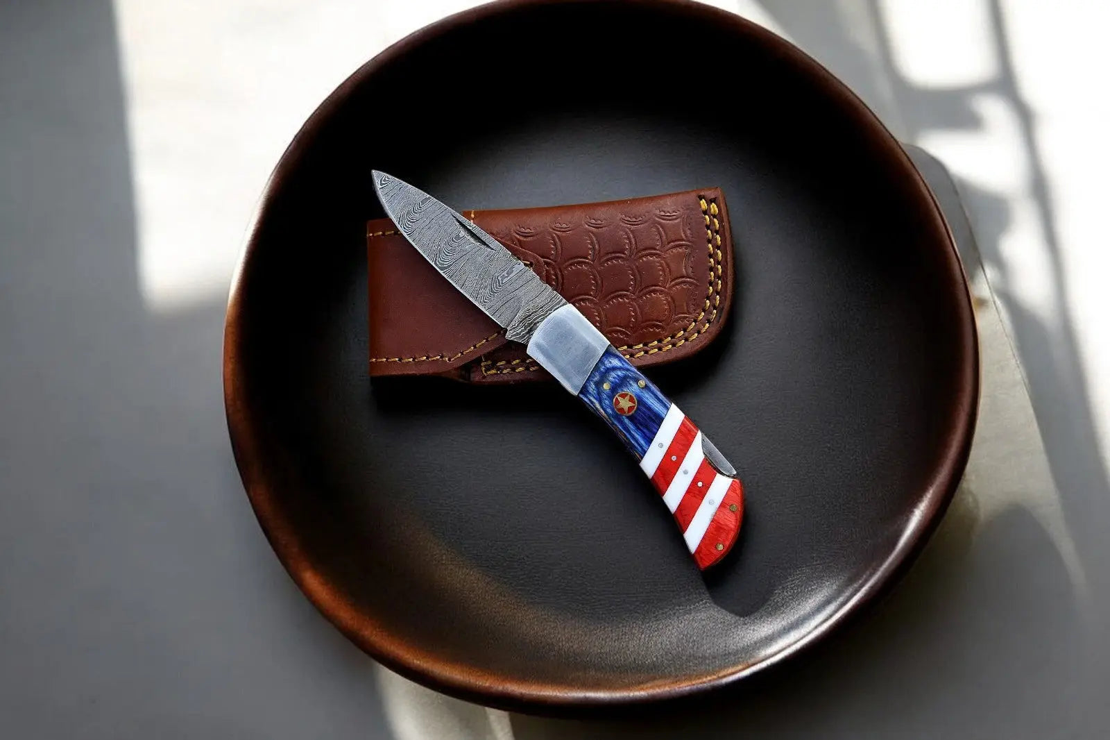 Handmade Damascus Folding Knife with Exotic Pakka Wood by Damascus Knife Store, Damascus knife main product photo