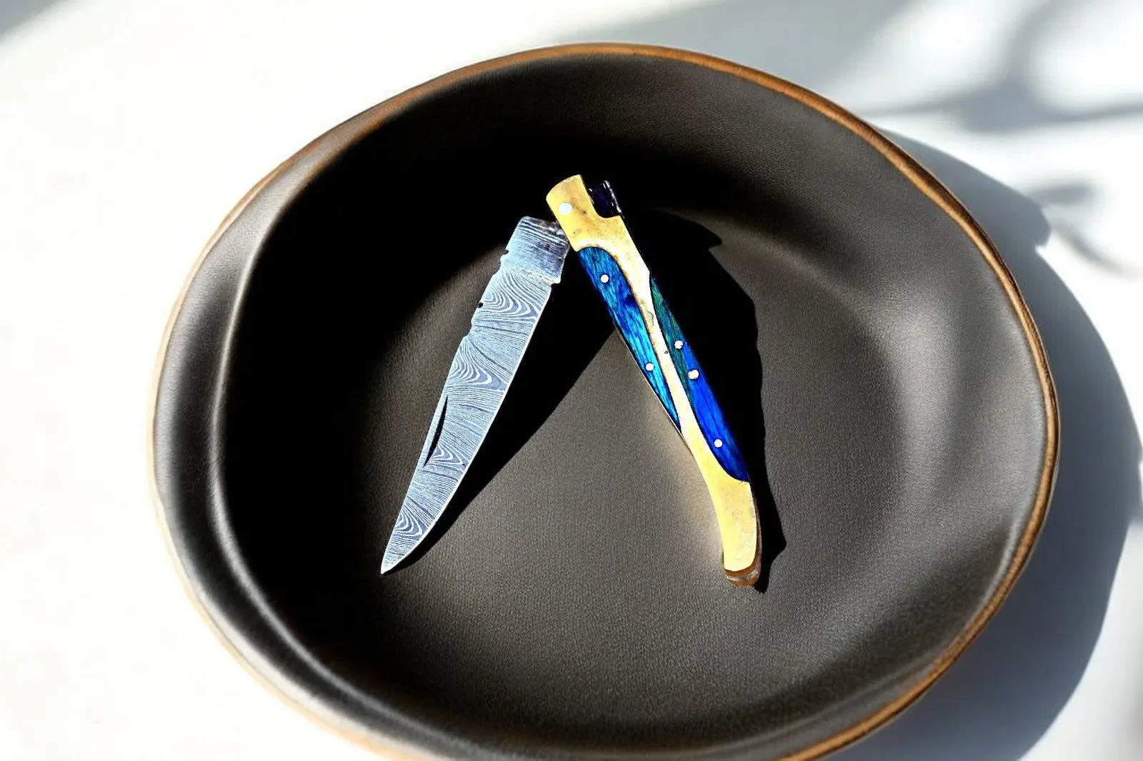 Handmade Damascus Folding Knife with Wood & Brass Handle by Damascus Knife Store, Damascus knife main product photo