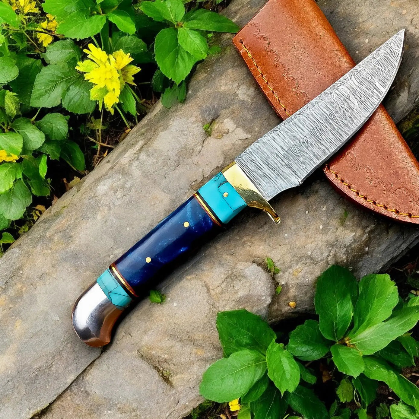 Handmade Damascus Hunting Knife – Epoxy Resin Handle by Damascus Knife Store, Damascus knife detail photo 3