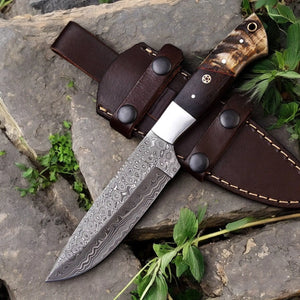 Handmade Damascus Hunting Knife | Sheep Horn & Rosewood by Damascus Knife Store, Damascus knife detail photo 2