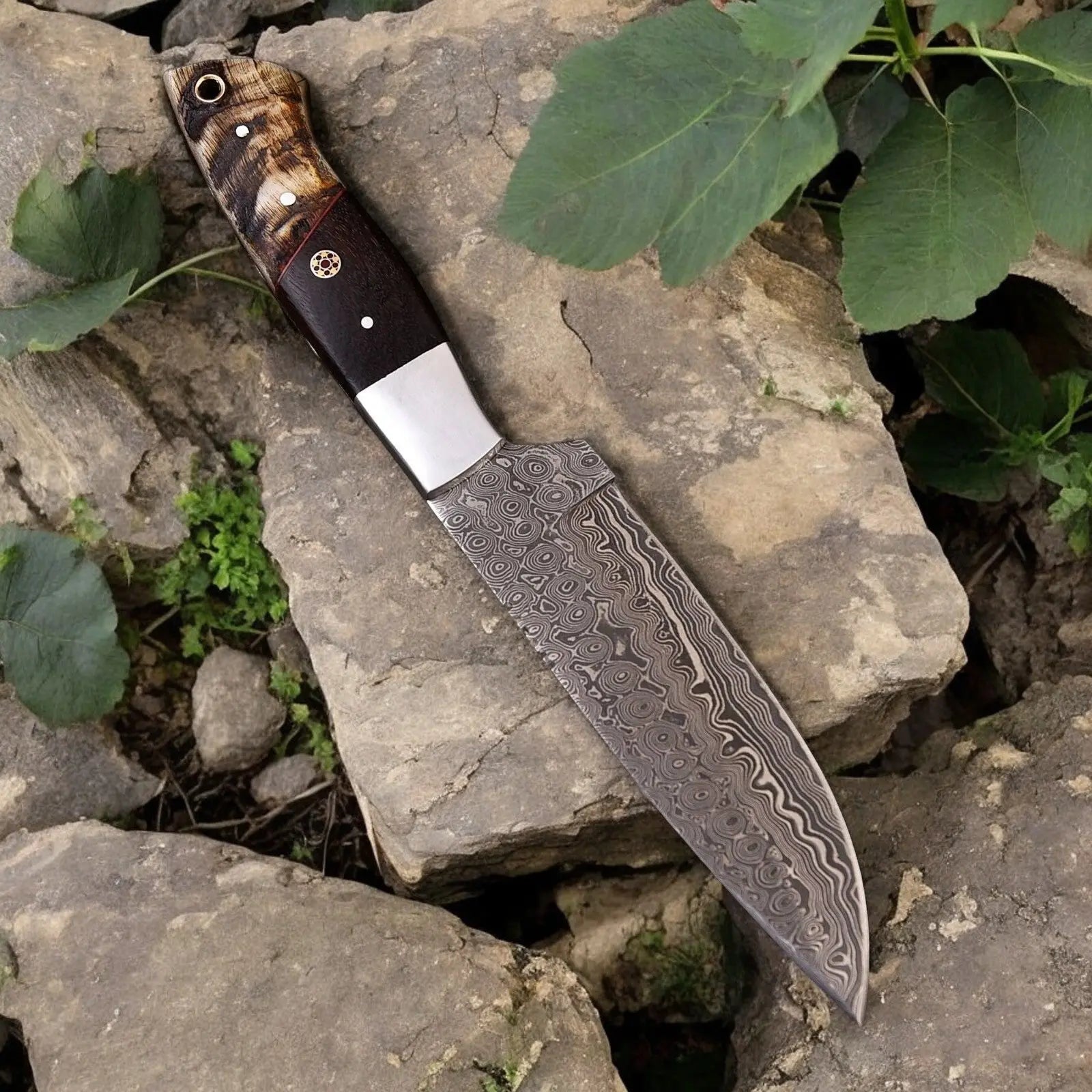 Handmade Damascus Hunting Knife | Sheep Horn & Rosewood by Damascus Knife Store, Damascus knife detail photo 3