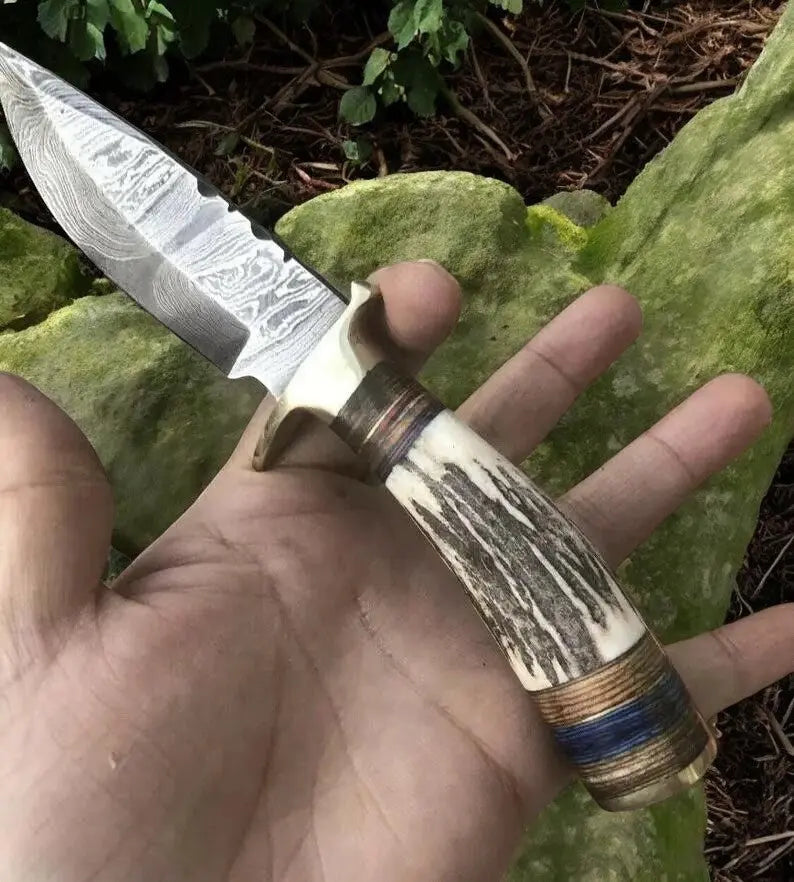 Handmade Damascus Hunting Knife with Antler Bone Handle Damascus Knife Store
