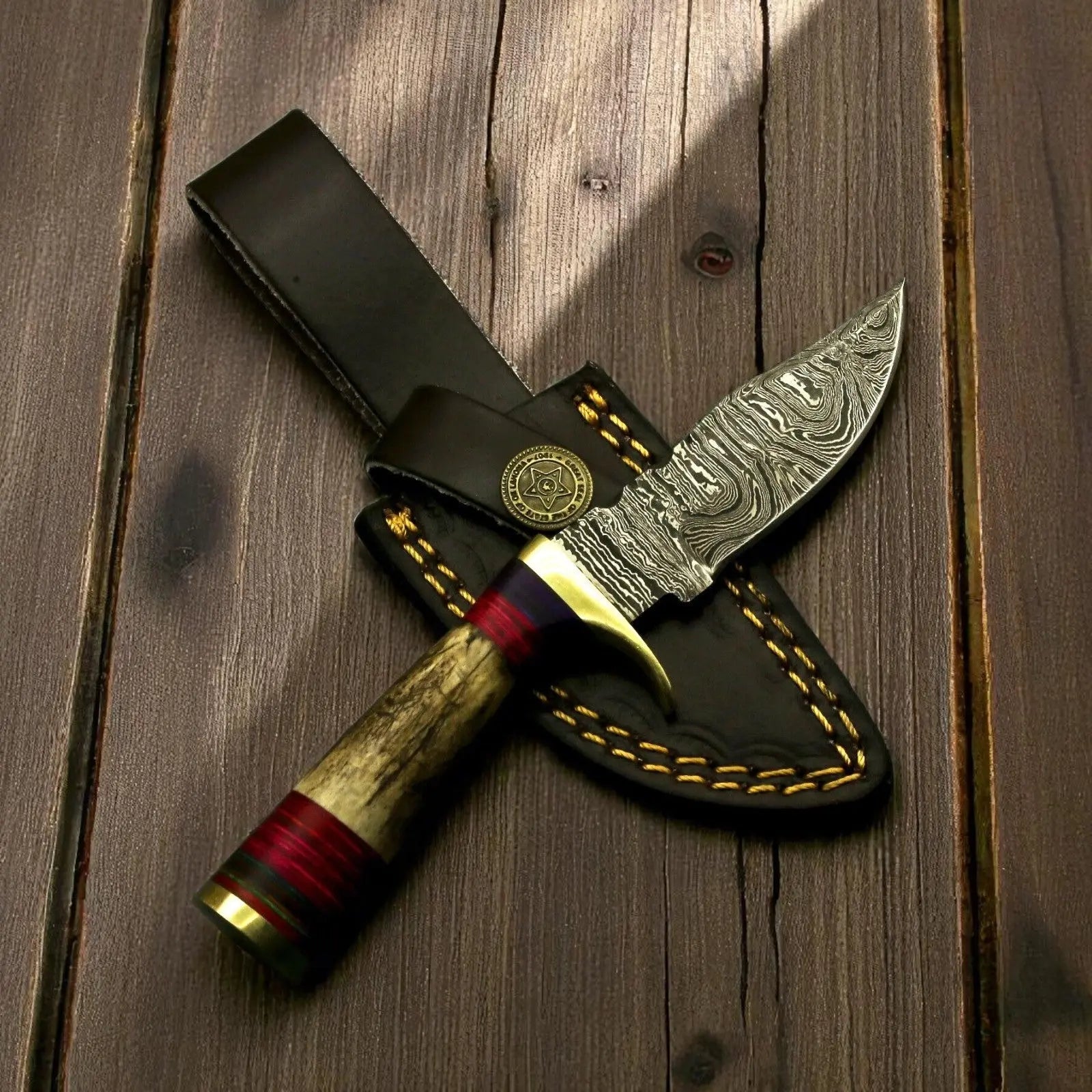Handmade Damascus Hunting Knife with Antler Horn Handle by Damascus Knife Store, Damascus knife main product photo