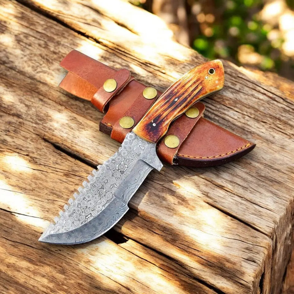 Handmade Damascus Hunting Knife with Camel Bone Handle by Damascus Knife Store, Damascus knife main product photo