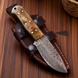 Handmade Damascus Hunting Knife with Sheep Horn Handle by Damascus Knife Store, Damascus knife main product photo
