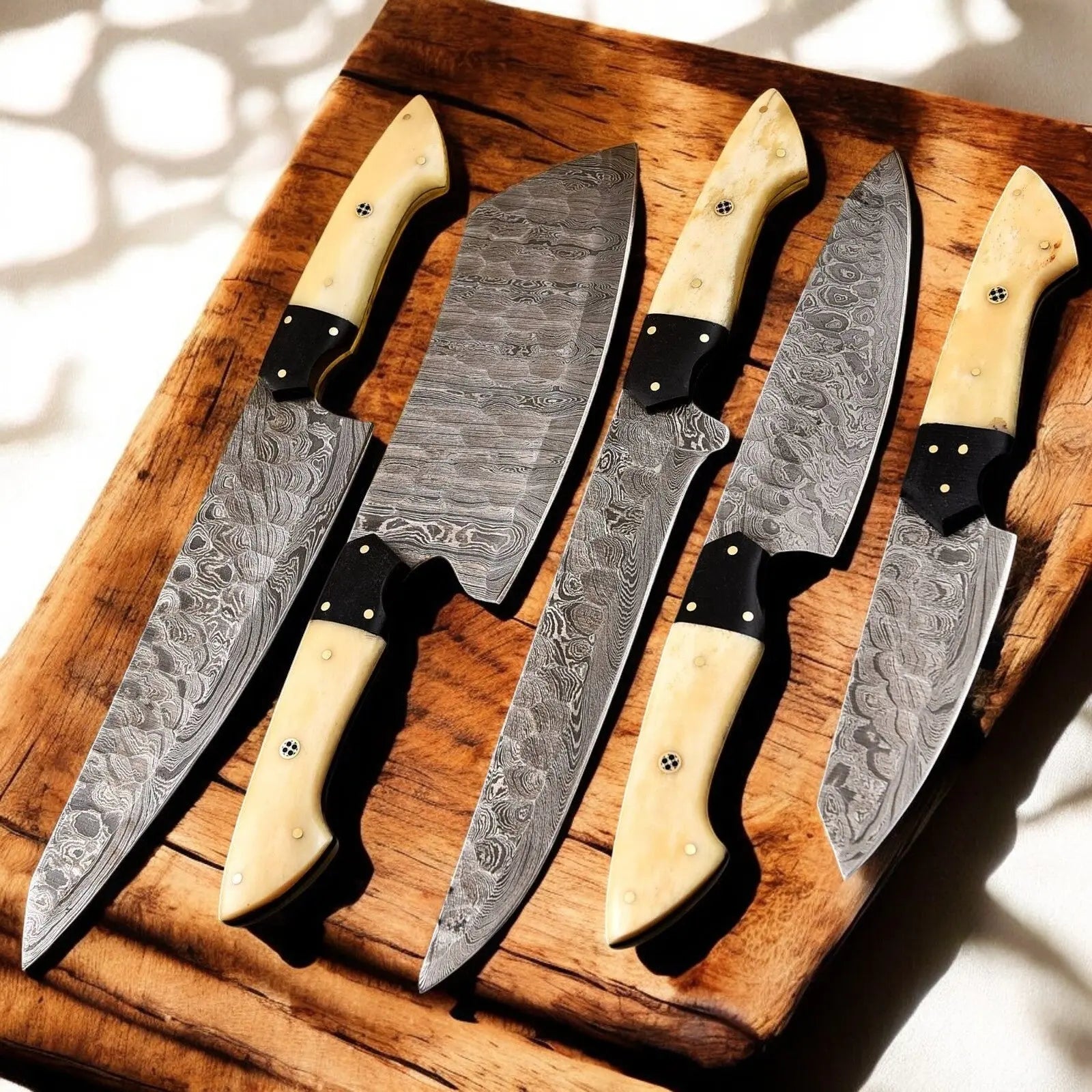 Handmade Damascus Kitchen Knives Set | Bone & Horn Handles by Damascus Knife Store, Southern handmade gift detail photo 2