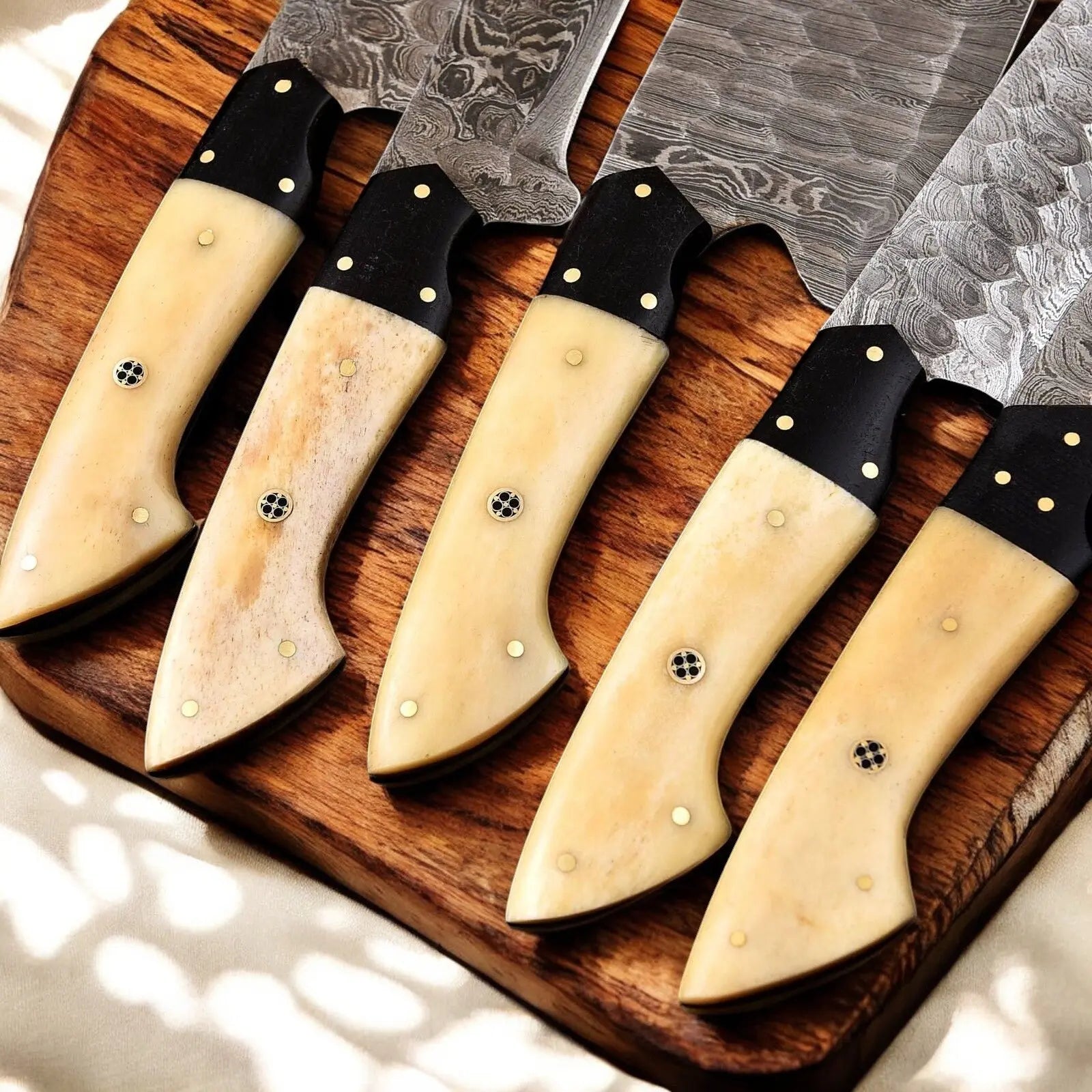 Handmade Damascus Kitchen Knives Set | Bone & Horn Handles by Damascus Knife Store, Southern handmade gift detail photo 3