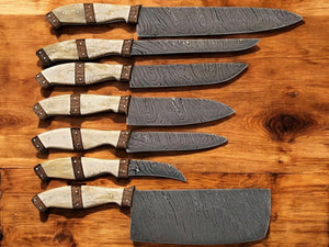 Handmade Damascus Kitchen Knives Set – Bone & Rosewood by Damascus Knife Store, Southern handmade gift main product photo
