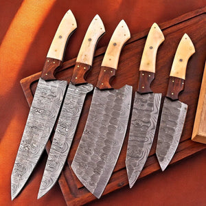 Handmade Damascus Kitchen Knives Set – Bone & Rosewood by Damascus Knife Store, Southern handmade gift main product photo