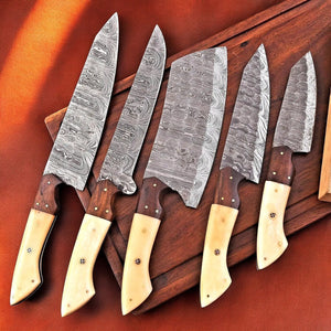 Handmade Damascus Kitchen Knives Set – Bone & Rosewood by Damascus Knife Store, Southern handmade gift detail photo 2