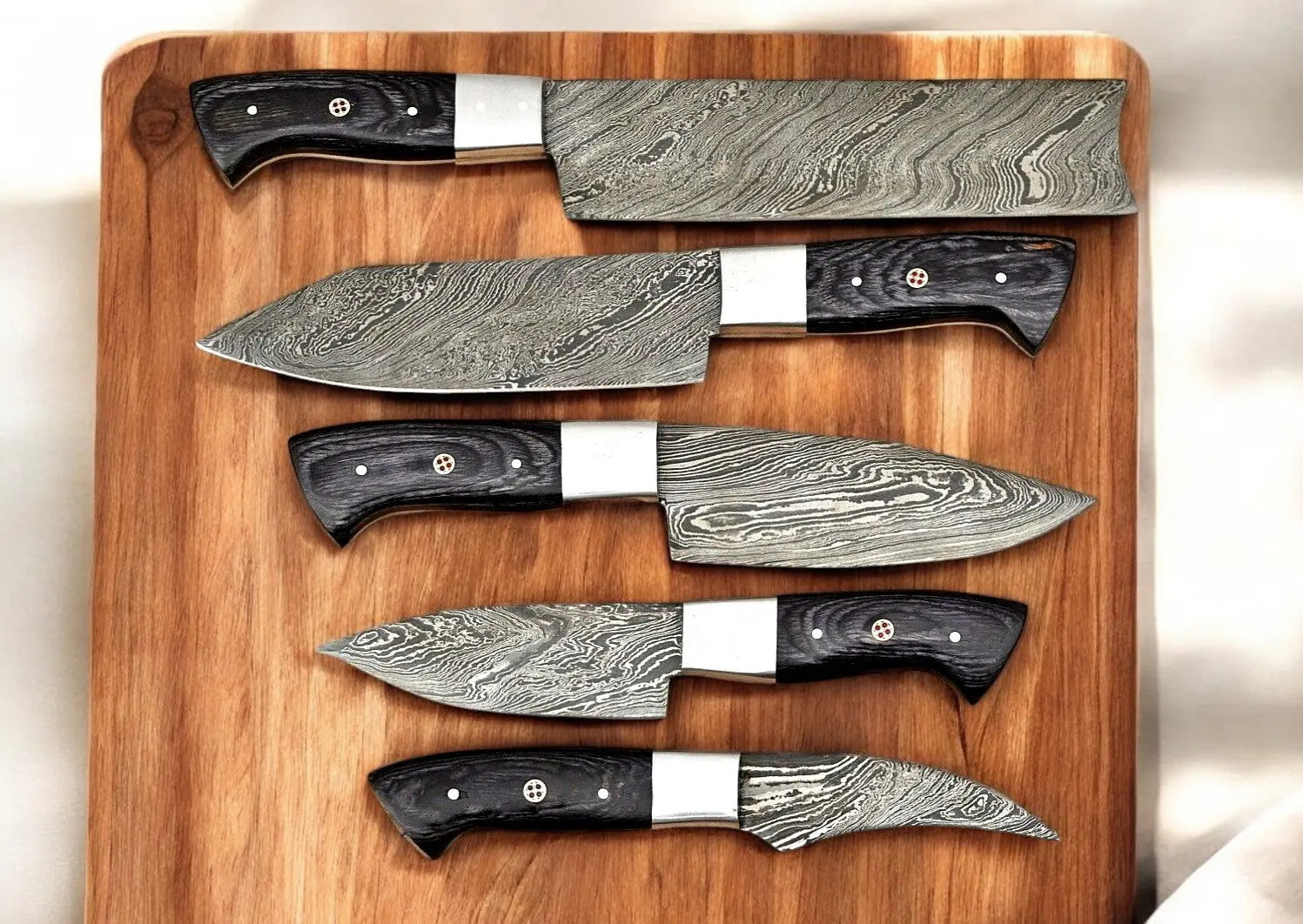 Handmade Damascus Kitchen Knives Set – Exotic Wood Handles Damascus Knife Store