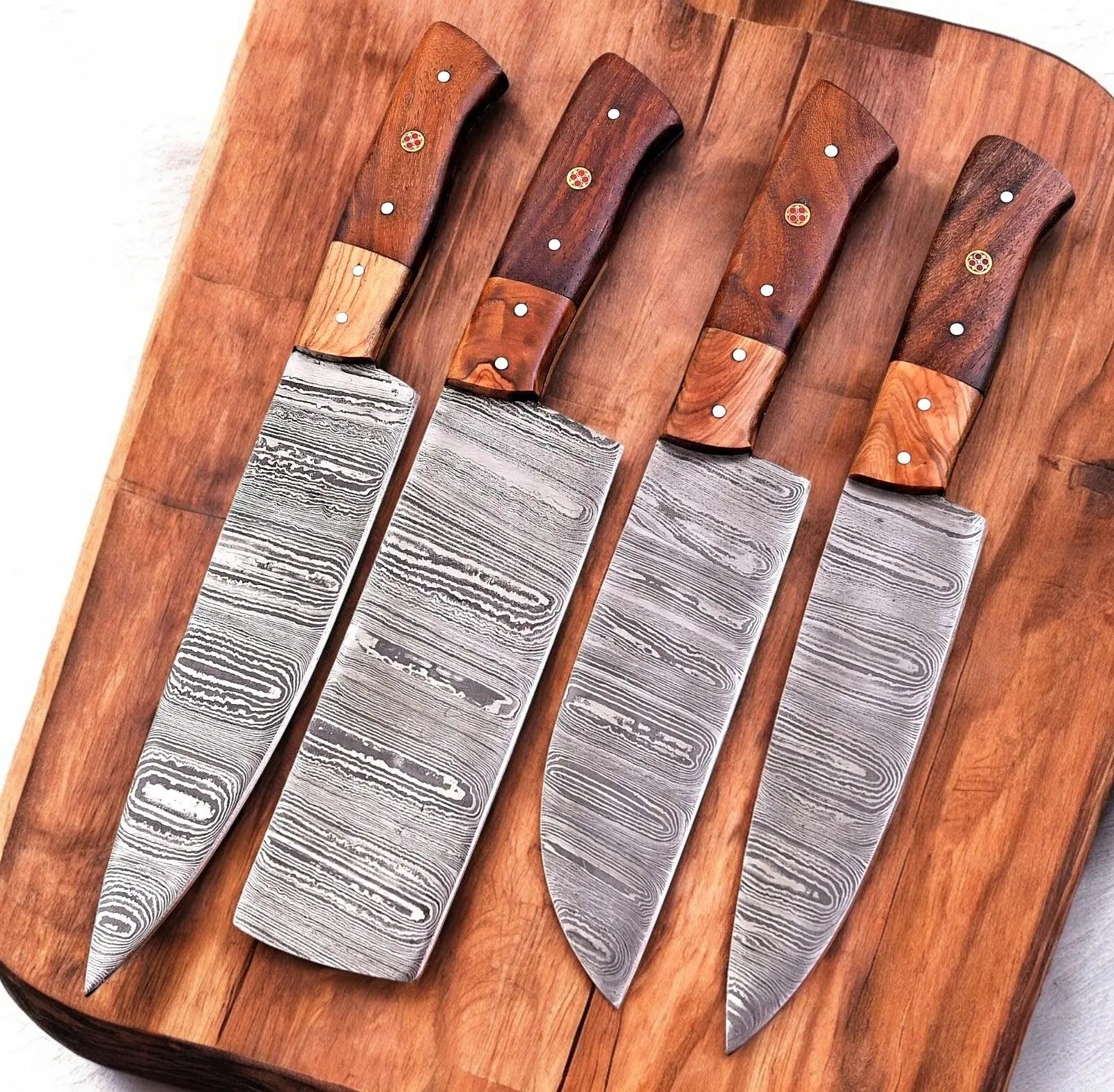 Handmade Damascus Kitchen Knives Set – Olive & Rosewood by Damascus Knife Store, Southern handmade gift detail photo 2