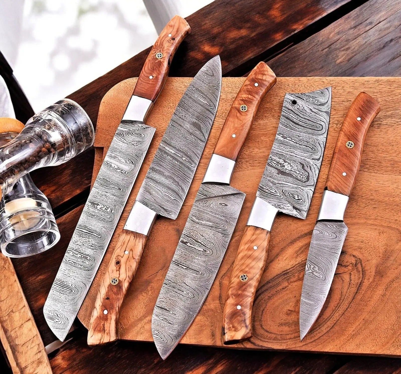 Handmade Damascus Kitchen Knives Set – Olivewood Handles Damascus Knife Store