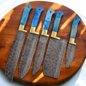 Handmade Damascus Kitchen Knives Set with Bone Handles by Damascus Knife Store, Southern handmade gift detail photo 2
