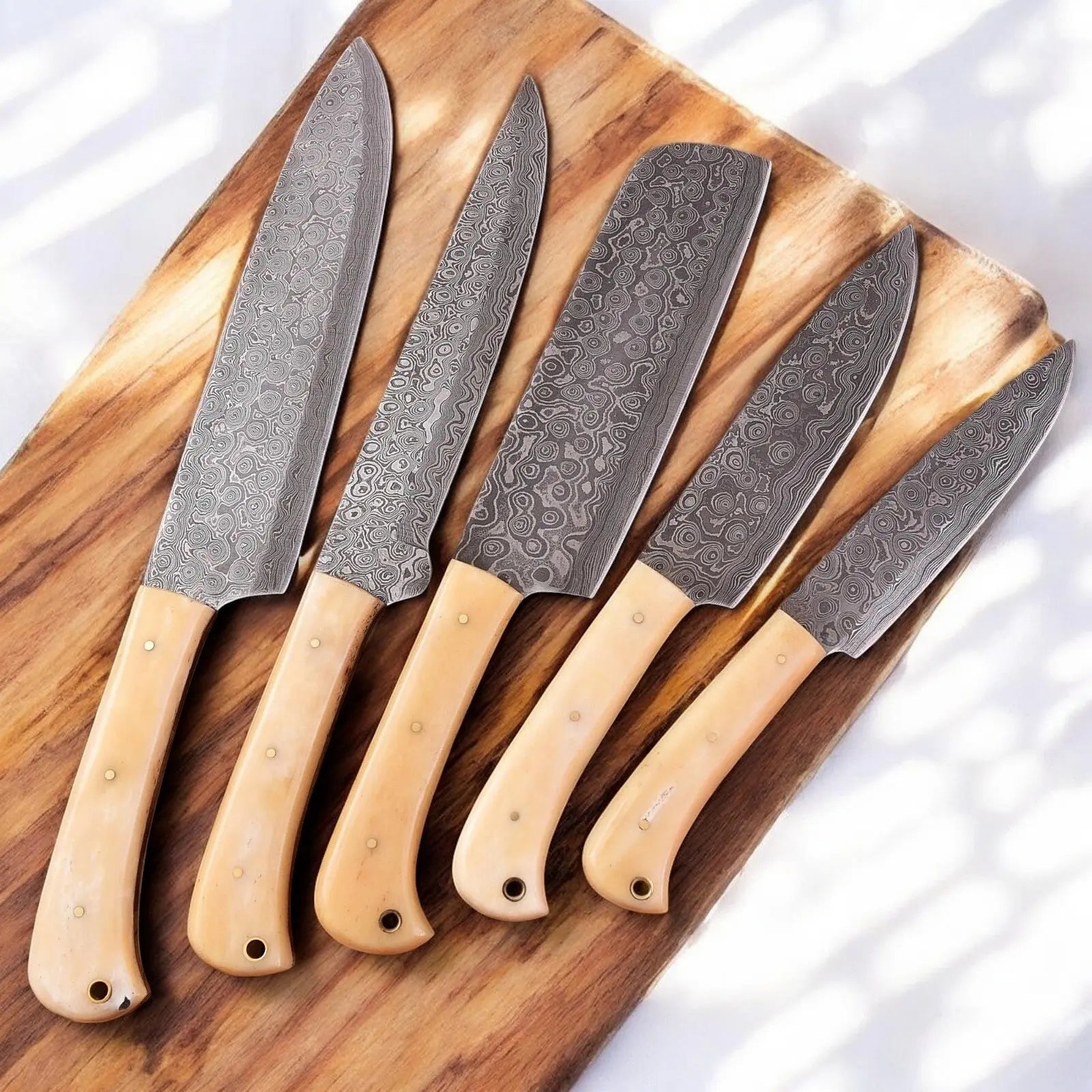 Handmade Damascus Kitchen Knives Set with Bone Handles by Damascus Knife Store, Southern handmade gift main product photo