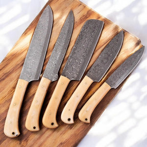 Handmade Damascus Kitchen Knives Set with Bone Handles by Damascus Knife Store, Southern handmade gift main product photo