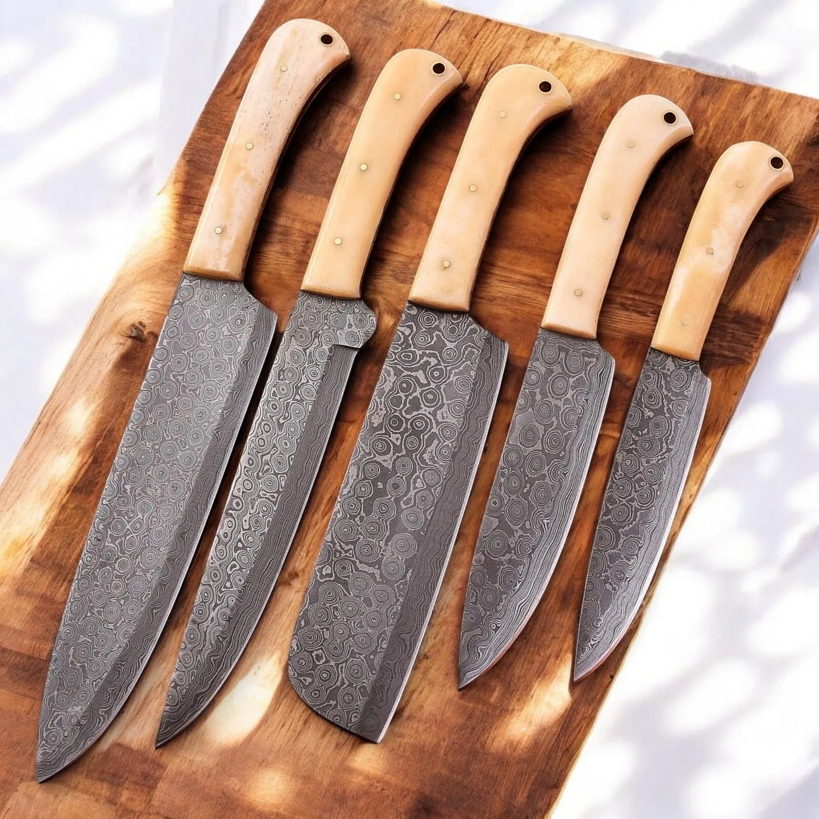 Handmade Damascus Kitchen Knives Set with Bone Handles by Damascus Knife Store, Southern handmade gift detail photo 2