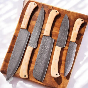 Handmade Damascus Kitchen Knives Set with Bone Handles by Damascus Knife Store, Southern handmade gift detail photo 3