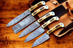 Handmade Damascus Kitchen Knives Set with Engraved Bone by Damascus Knife Store, Southern handmade gift main product photo