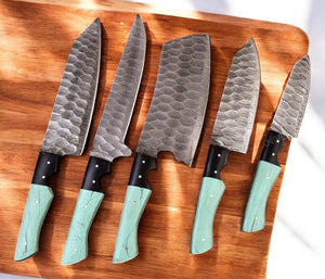 Handmade Damascus Kitchen Knives Set with Epoxy Resin Handle Damascus Knife Store