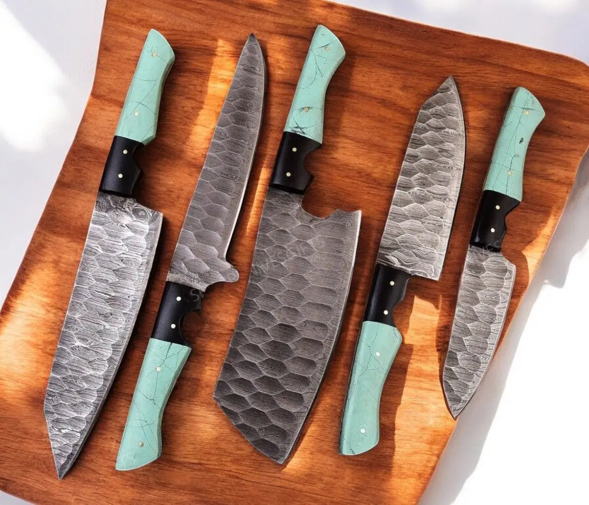 Handmade Damascus Kitchen Knives Set with Epoxy Resin Handle Damascus Knife Store