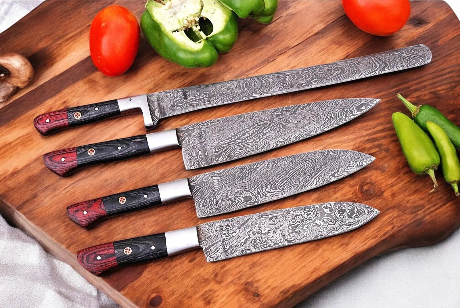 Handmade Damascus Kitchen Knives Set with Exotic Wood Handles by Damascus Knife Store, Southern handmade gift main product photo