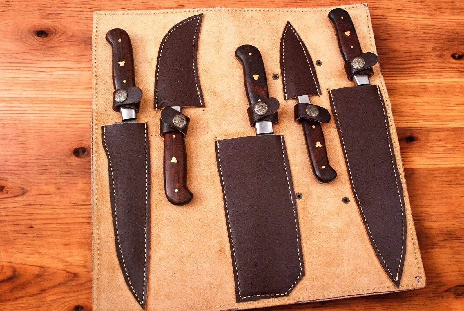 Handmade Damascus Kitchen Knives Set with Leather Roll by Damascus Knife Store, Southern handmade gift detail photo 2