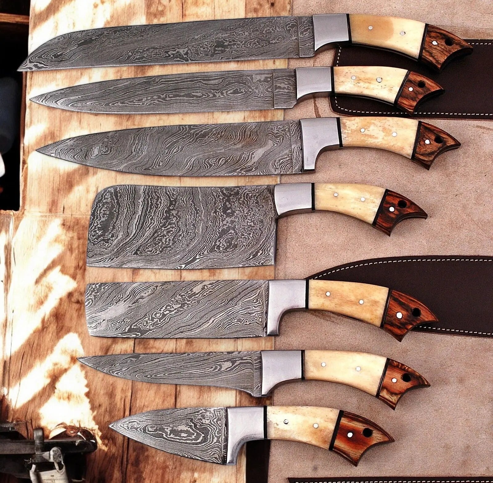 Handmade Damascus Kitchen Knives Set with Leather Roll by Damascus Knife Store, Southern handmade gift main product photo