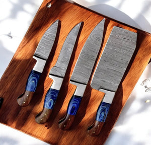 Handmade Damascus Kitchen Knives Set with Leather Roll by Damascus Knife Store, Southern handmade gift main product photo